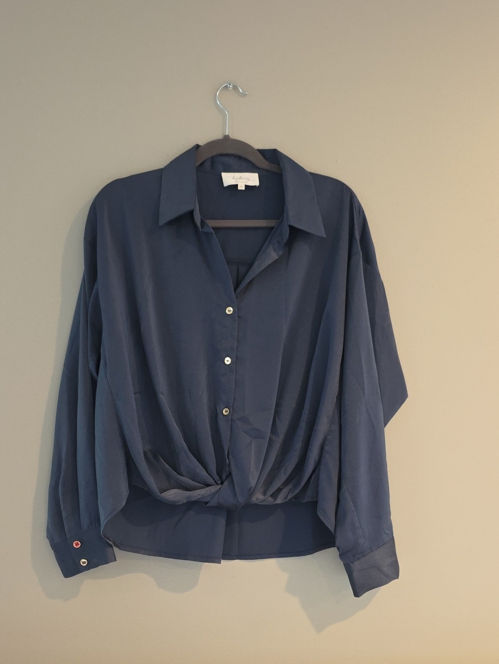 La February Slate Blue Twist-Front Button-Up Blouse